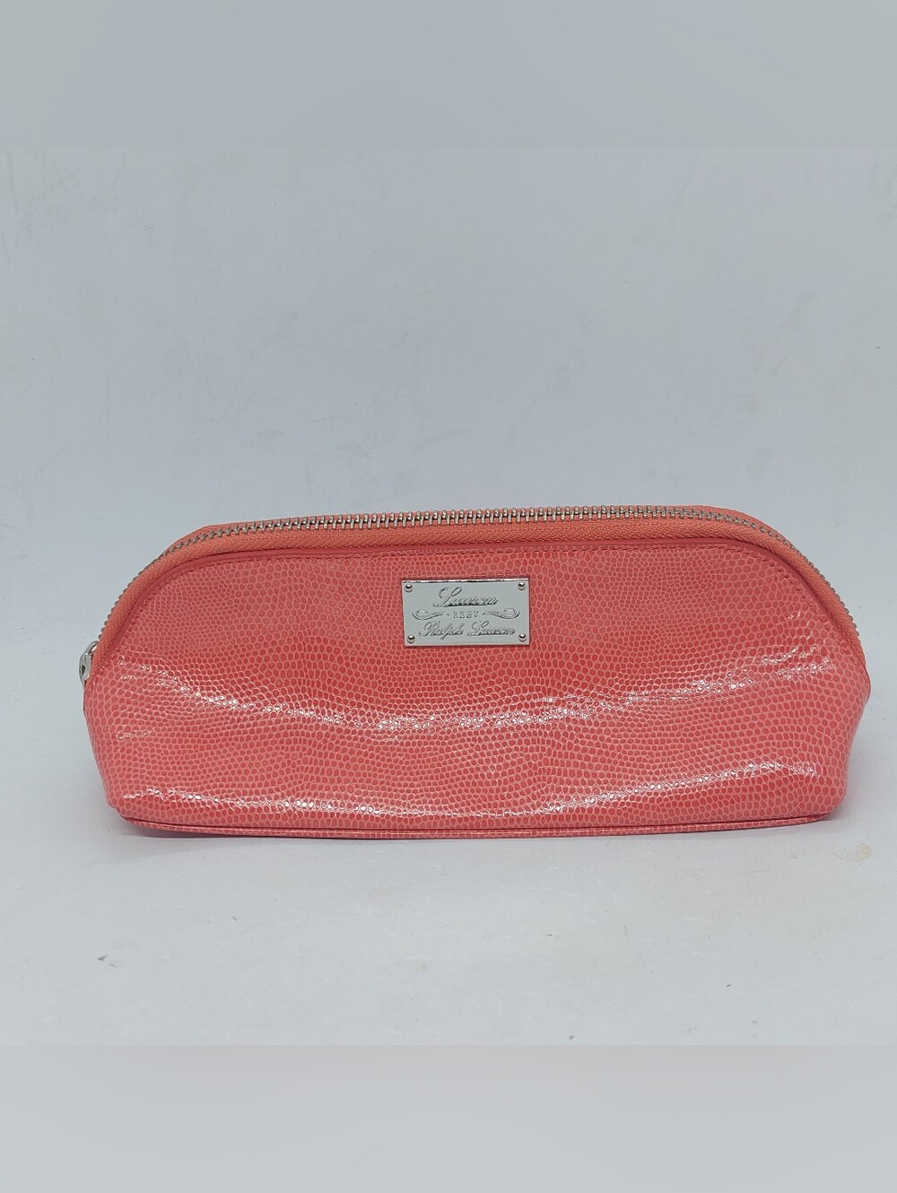 Lauren Ralph Lauren Cosmetic Case Textured Coral Zipper Makeup Bag 8" x 3.5"